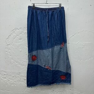 Vintage Maxi Skirt Patchwork Denim With Floral Embroidery Red Roses Western